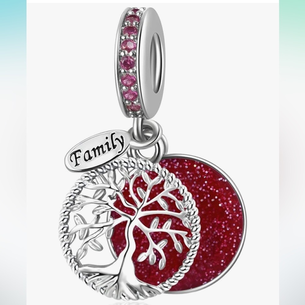 Pandora Silver Family Tree Charm with Sparkling Red Accents